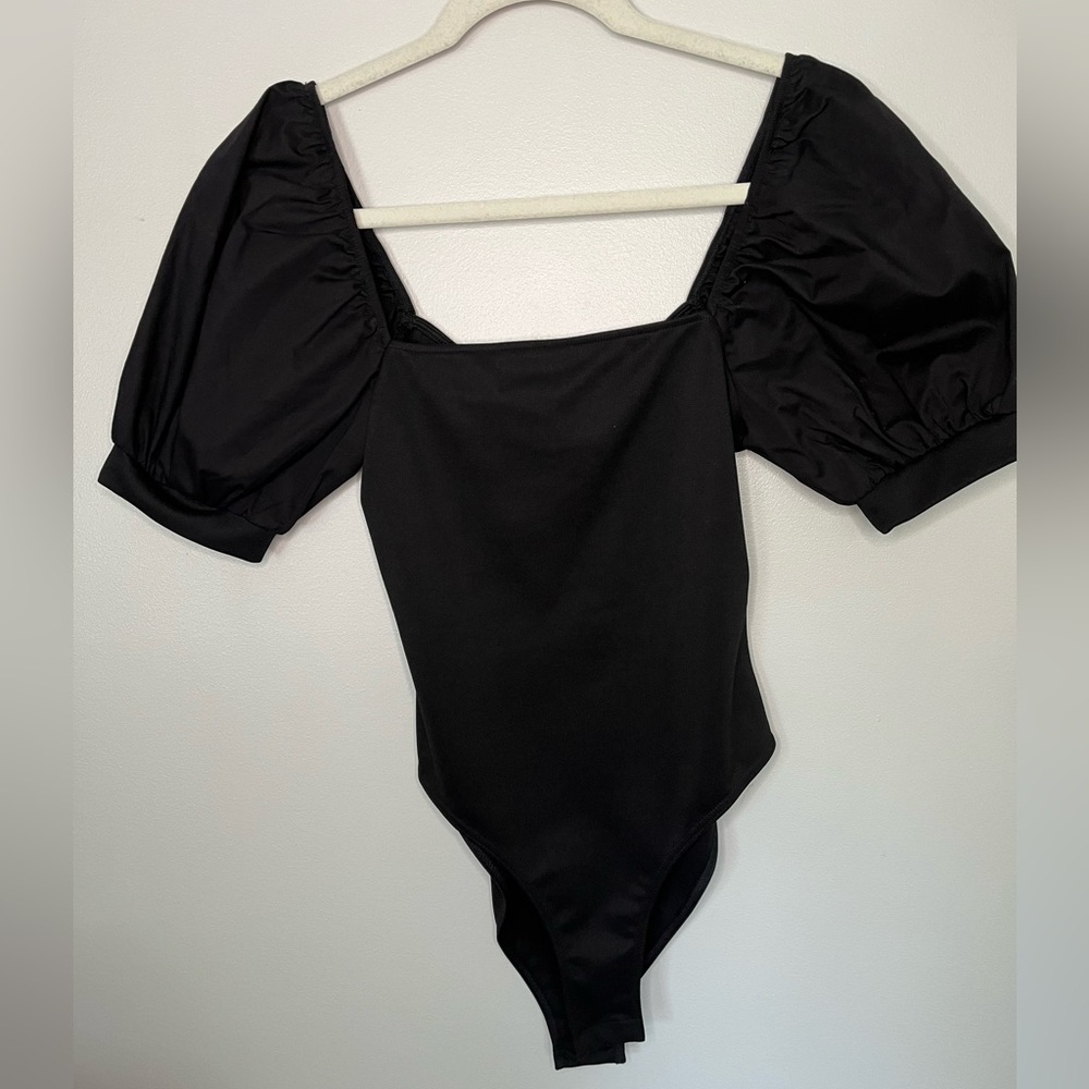Topshop Black Puff Sleeve Fitted Regency Whimsigoth Bodysuit Women’s Size 6